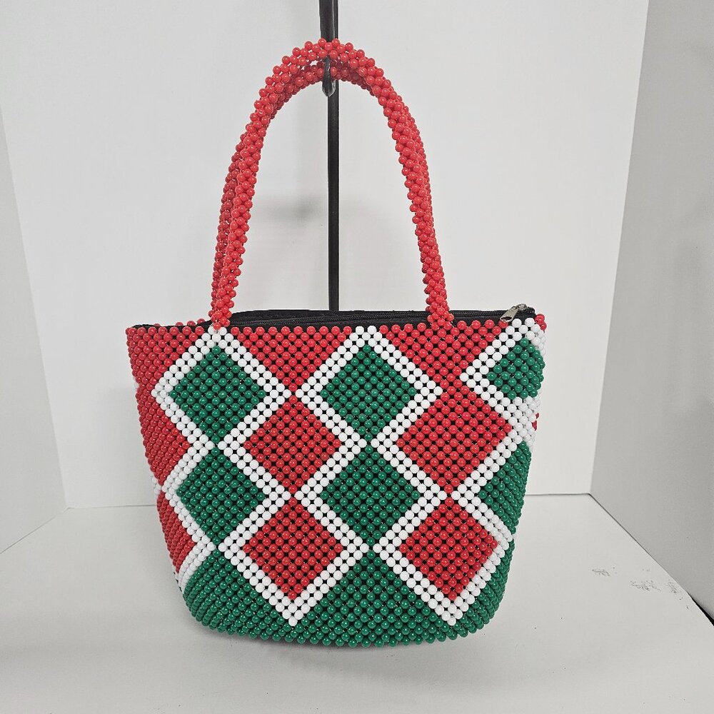 Handmade Shoulder Bag Beads Retro Kitsch Green Red